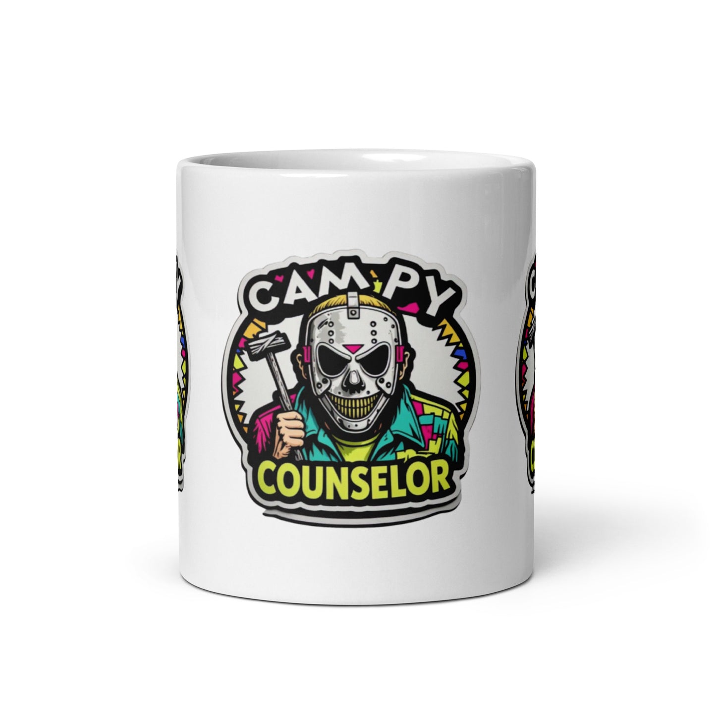 Campy Counselor White glossy mug  from Rare Plus Apparel – unique movie & pop culture inspired design.