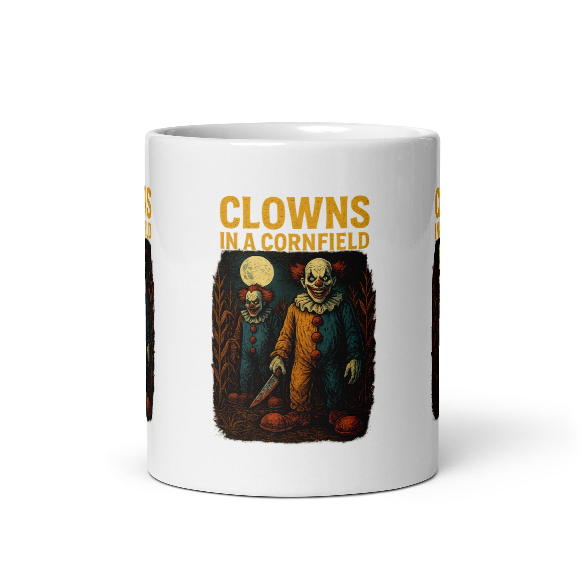 Clowns in a Cornfield White glossy mug  from Rare Plus Apparel – unique movie & pop culture inspired design.
