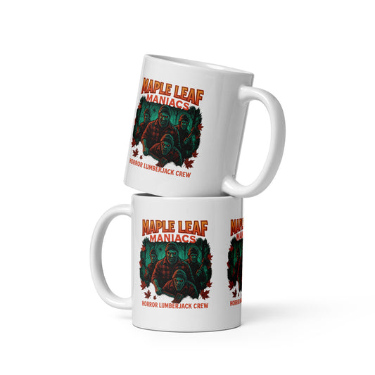 Maple Leaf Maniacs White glossy mug  from Rare Plus Apparel – unique movie & pop culture inspired design.