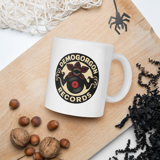 Demogorgon Records White glossy mug  from Rare Plus Apparel – unique movie & pop culture inspired design.