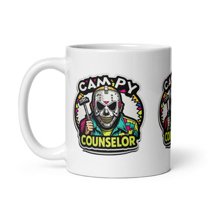 Campy Counselor White glossy mug  from Rare Plus Apparel – unique movie & pop culture inspired design.