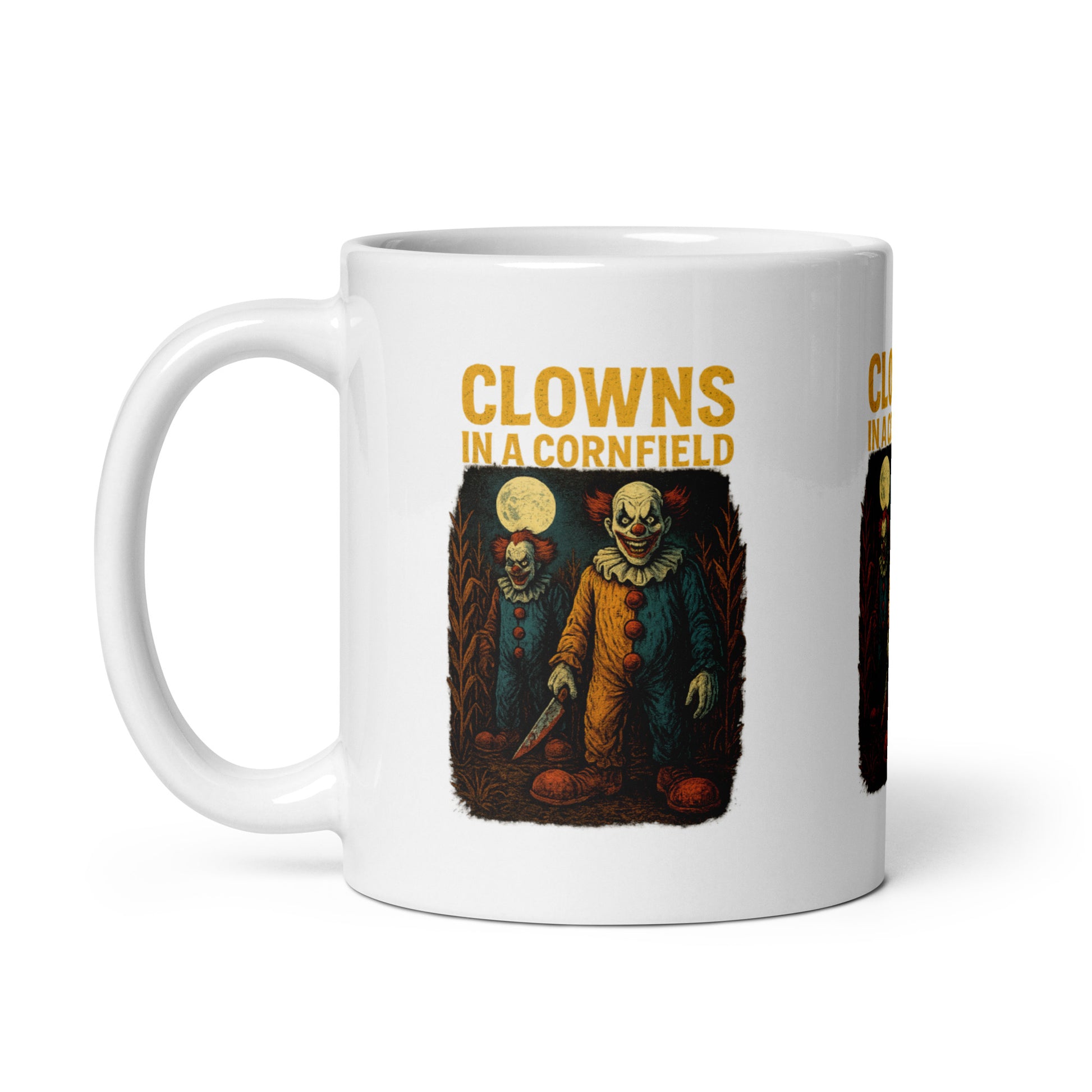 Clowns in a Cornfield White glossy mug  from Rare Plus Apparel – unique movie & pop culture inspired design.