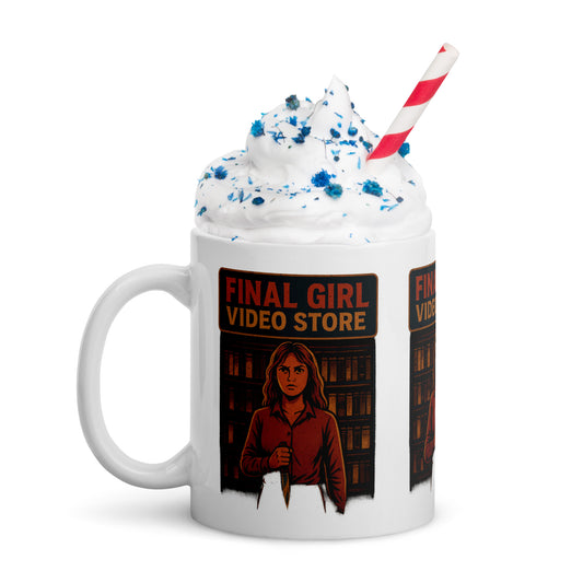 Final Girl Video Store White glossy mug  from Rare Plus Apparel – unique movie & pop culture inspired design.