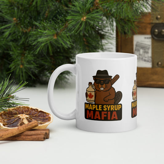 Maple Syrup Mafia White glossy mug  from Rare Plus Apparel – unique movie & pop culture inspired design.