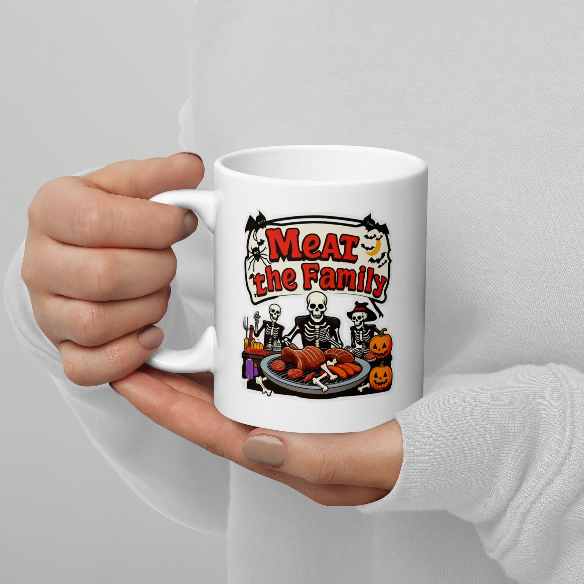 Meat The Family White glossy mug  from Rare Plus Apparel – unique movie & pop culture inspired design.