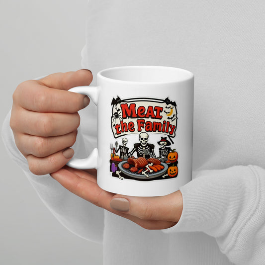 Meat The Family White glossy mug  from Rare Plus Apparel – unique movie & pop culture inspired design.