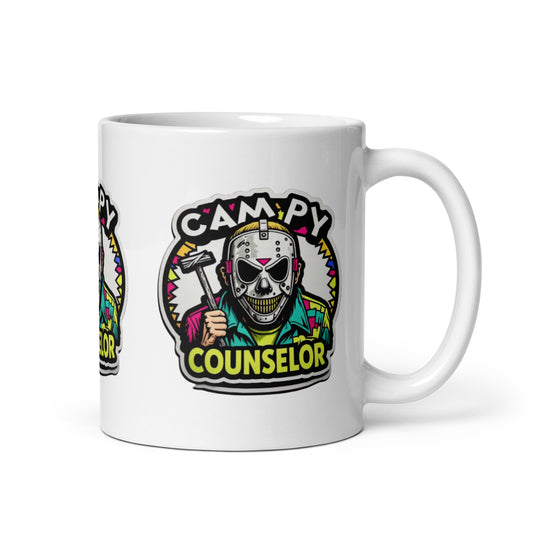 Campy Counselor White glossy mug  from Rare Plus Apparel – unique movie & pop culture inspired design.