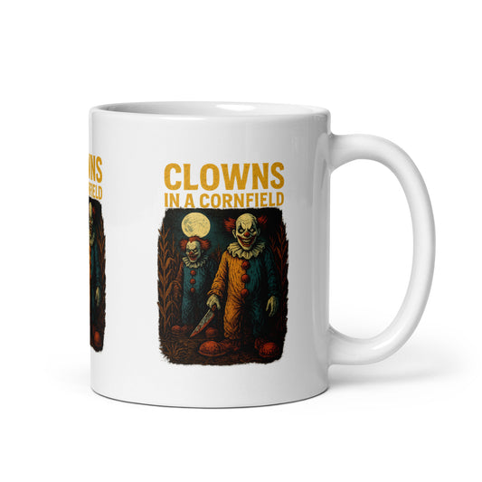 Clowns in a Cornfield White glossy mug  from Rare Plus Apparel – unique movie & pop culture inspired design.