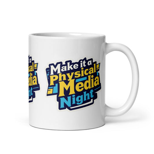 Make it a Physical Media Night White glossy mug  from Rare Plus Apparel – unique movie & pop culture inspired design.