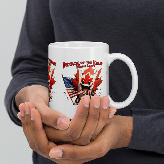 Maple Mayhem White glossy mug  from Rare Plus Apparel – unique movie & pop culture inspired design.