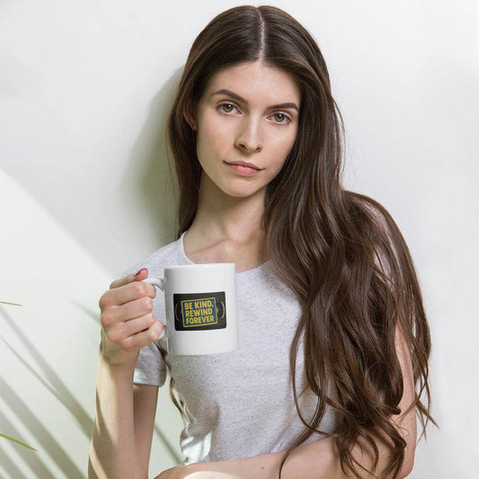 Be Kind, Rewind Forever White glossy mug  from Rare Plus Apparel – unique movie & pop culture inspired design.