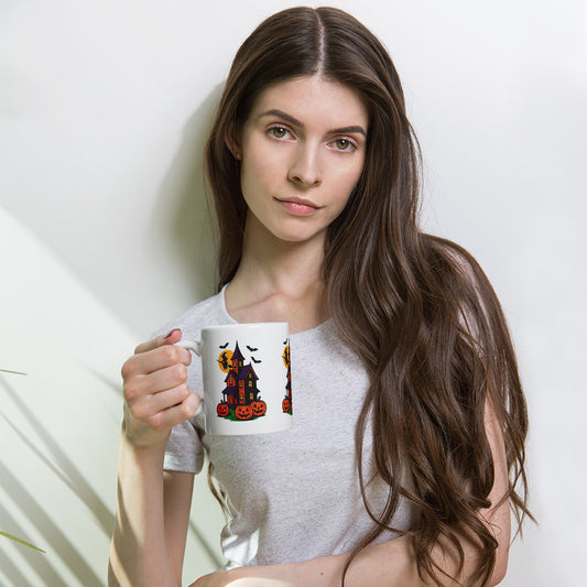 Haunted Halloween House White glossy mug  from Rare Plus Apparel – unique movie & pop culture inspired design.