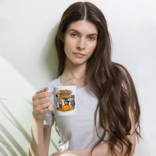 Hello Fall White glossy mug  from Rare Plus Apparel – unique movie & pop culture inspired design.