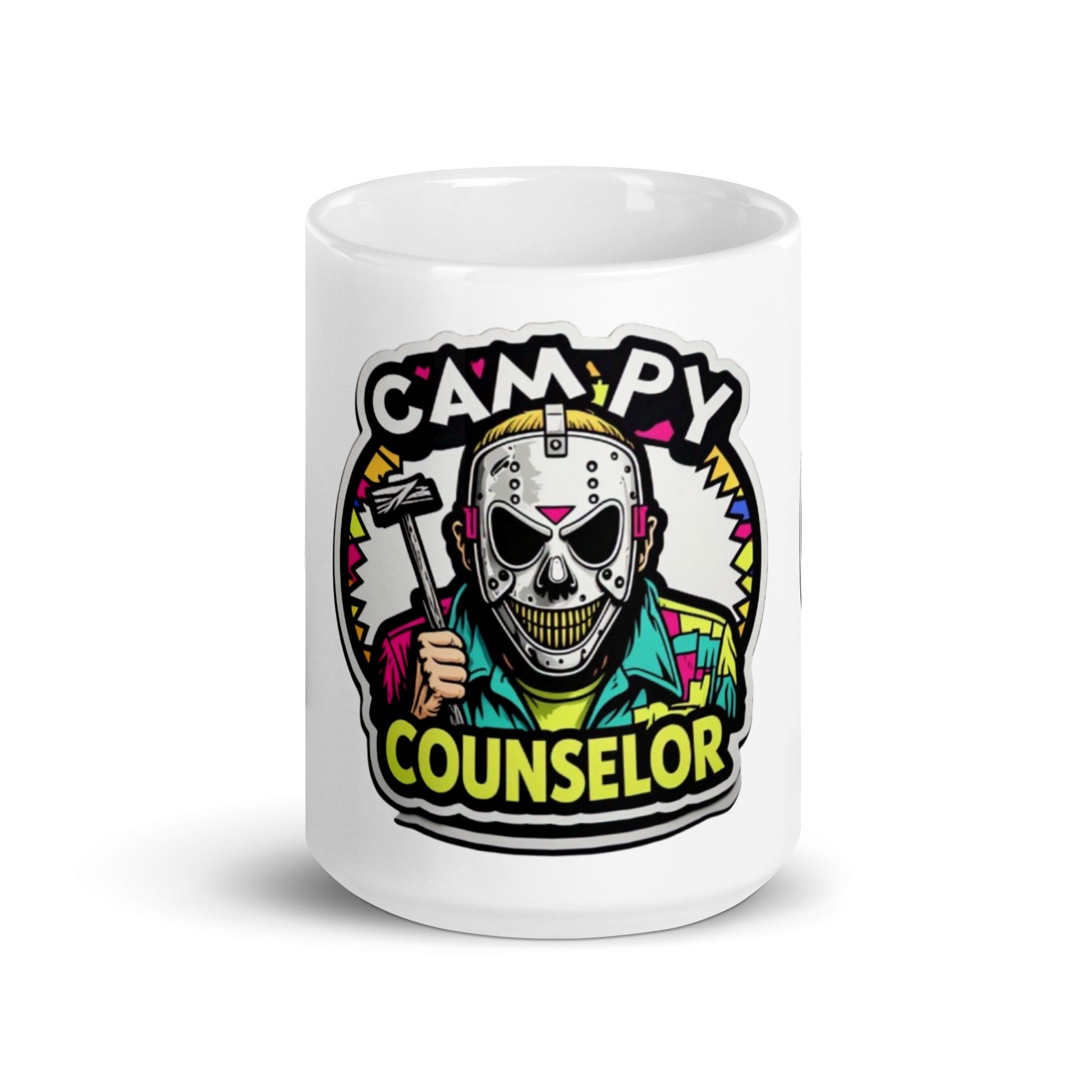 Campy Counselor White glossy mug  from Rare Plus Apparel – unique movie & pop culture inspired design.