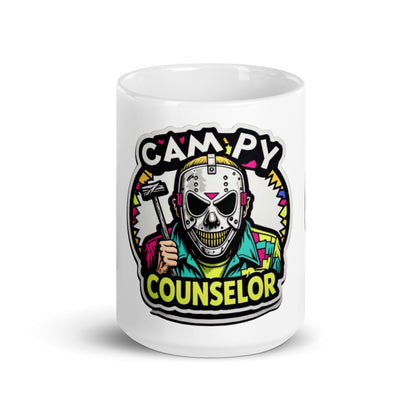 Campy Counselor White glossy mug  from Rare Plus Apparel – unique movie & pop culture inspired design.