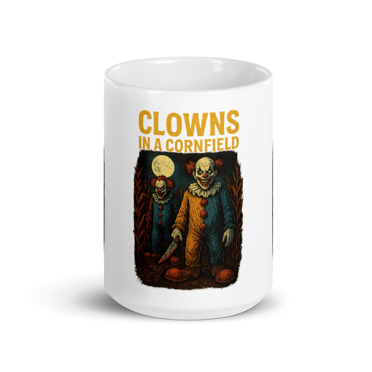 Clowns in a Cornfield White glossy mug  from Rare Plus Apparel – unique movie & pop culture inspired design.