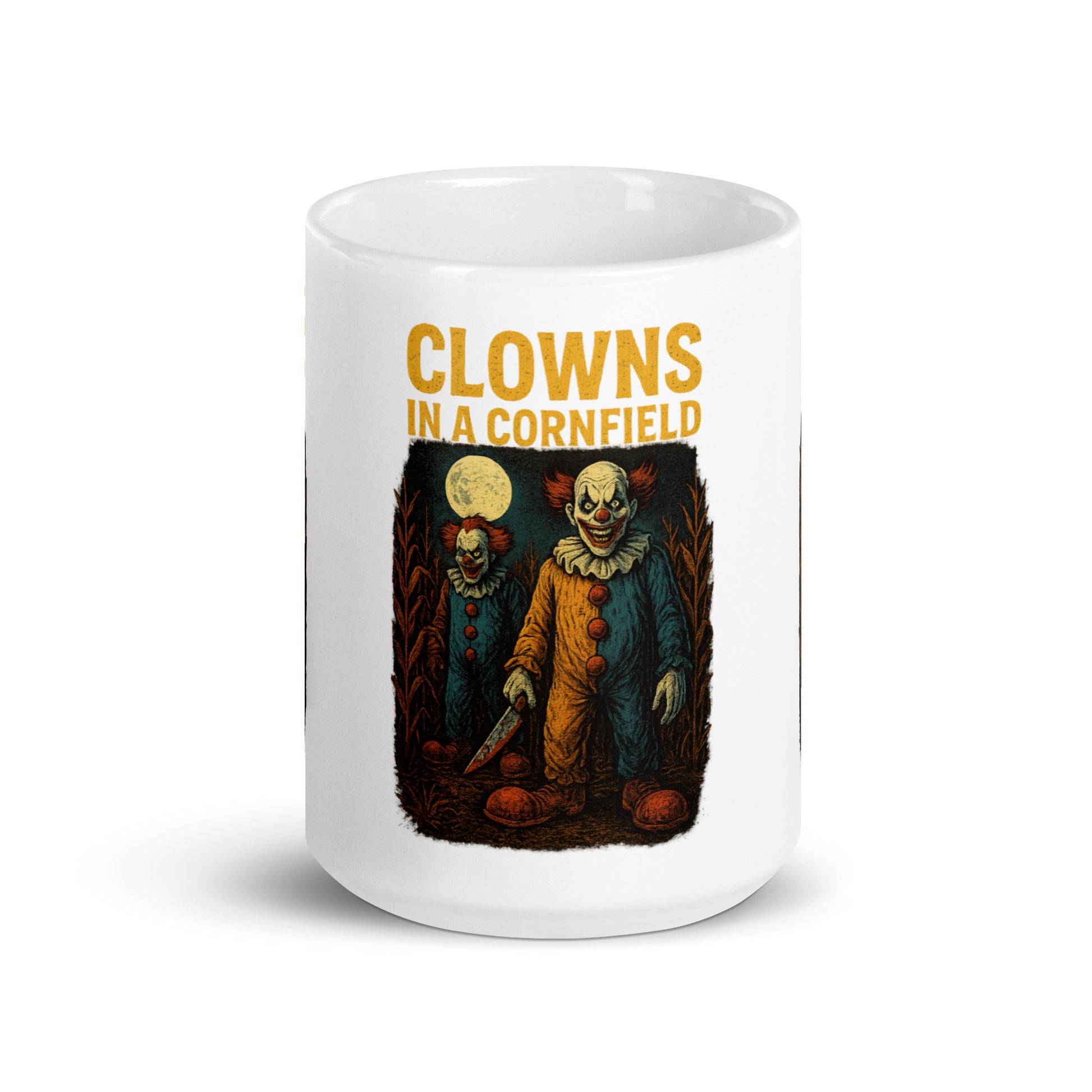 Clowns in a Cornfield White glossy mug  from Rare Plus Apparel – unique movie & pop culture inspired design.