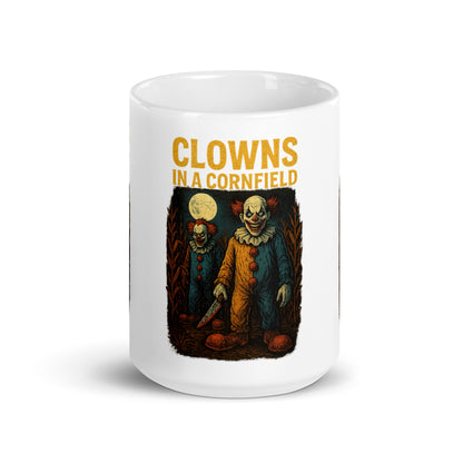 Clowns in a Cornfield White glossy mug  from Rare Plus Apparel – unique movie & pop culture inspired design.