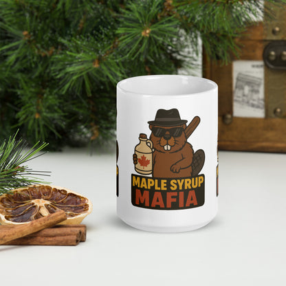Maple Syrup Mafia White glossy mug  from Rare Plus Apparel – unique movie & pop culture inspired design.