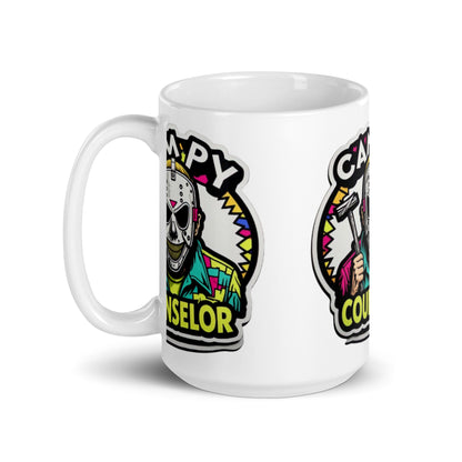 Campy Counselor White glossy mug  from Rare Plus Apparel – unique movie & pop culture inspired design.