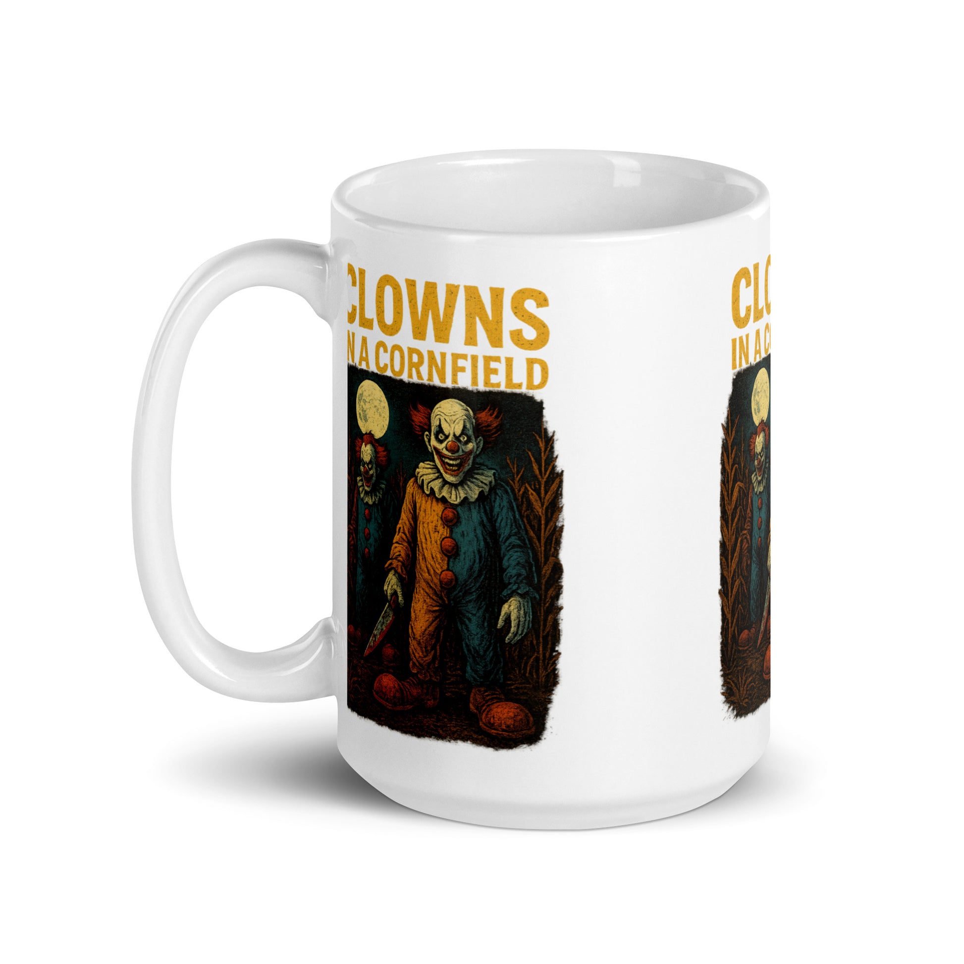 Clowns in a Cornfield White glossy mug  from Rare Plus Apparel – unique movie & pop culture inspired design.