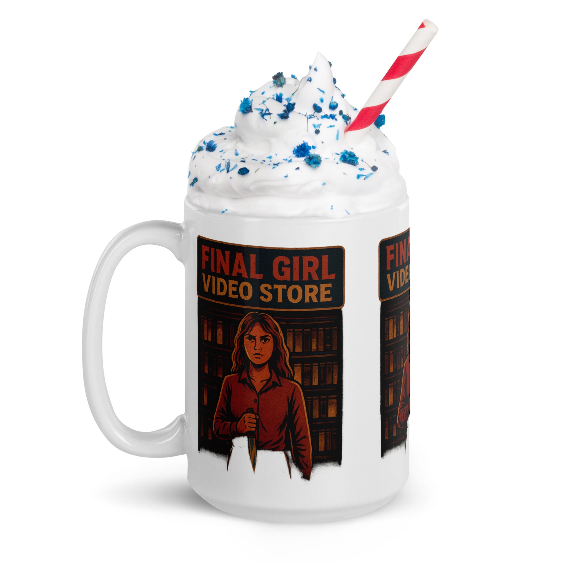 Final Girl Video Store White glossy mug  from Rare Plus Apparel – unique movie & pop culture inspired design.