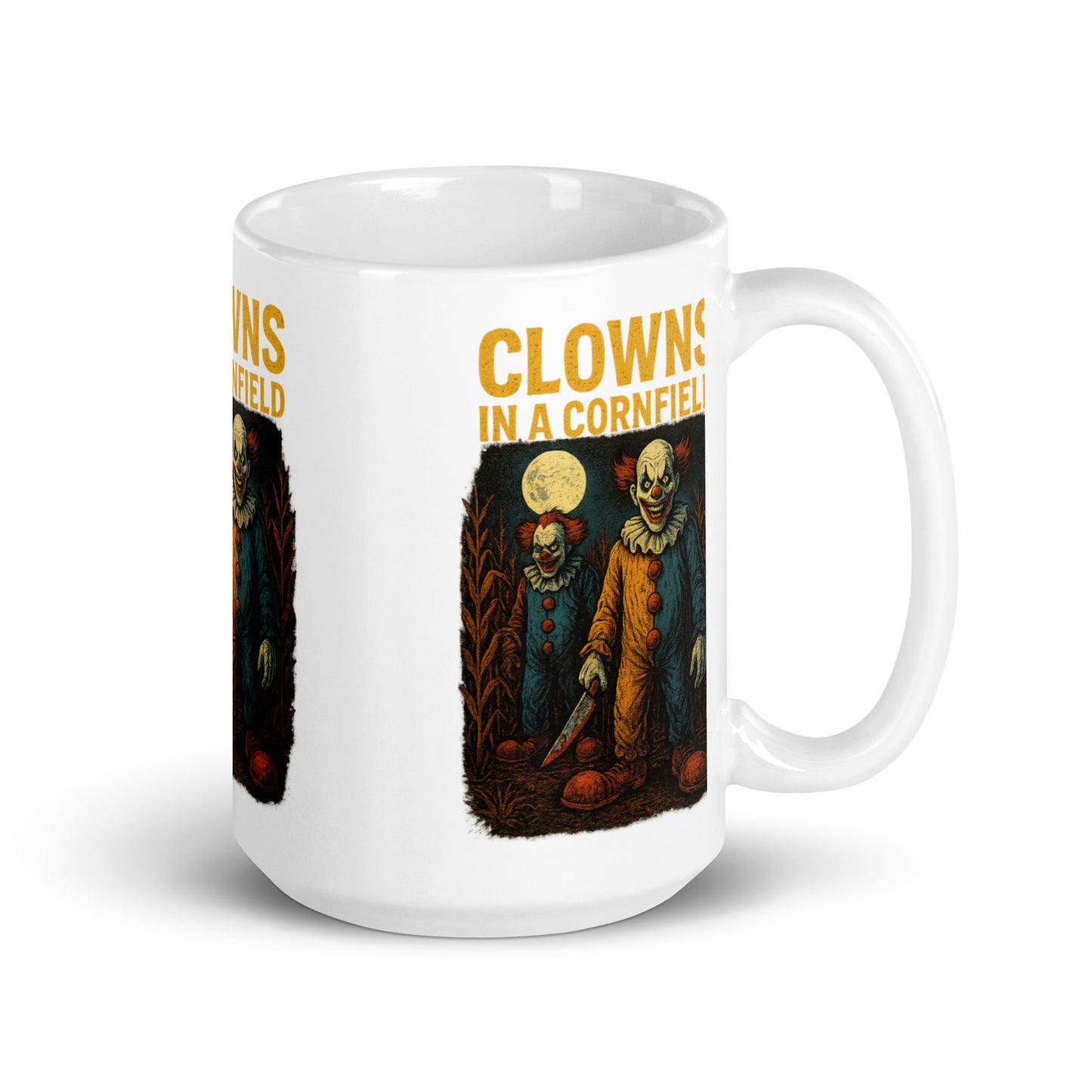Clowns in a Cornfield White glossy mug  from Rare Plus Apparel – unique movie & pop culture inspired design.