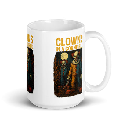 Clowns in a Cornfield White glossy mug  from Rare Plus Apparel – unique movie & pop culture inspired design.