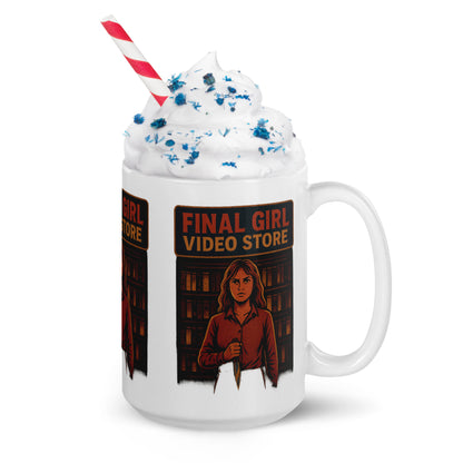 Final Girl Video Store White glossy mug  from Rare Plus Apparel – unique movie & pop culture inspired design.