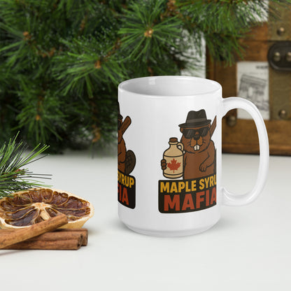 Maple Syrup Mafia White glossy mug  from Rare Plus Apparel – unique movie & pop culture inspired design.