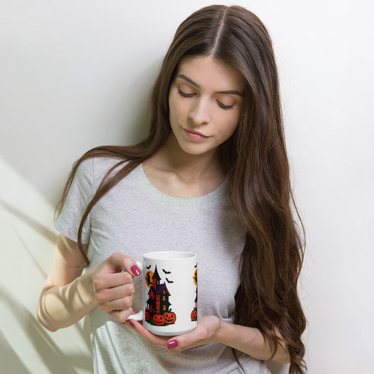 Haunted Halloween House White glossy mug  from Rare Plus Apparel – unique movie & pop culture inspired design.
