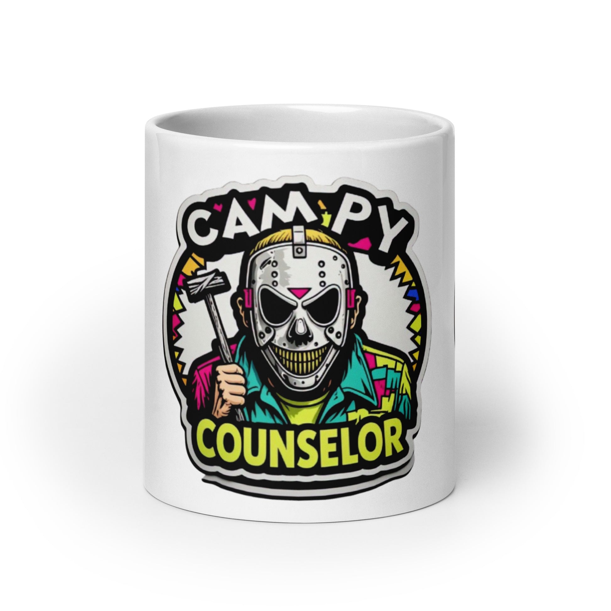 Campy Counselor White glossy mug  from Rare Plus Apparel – unique movie & pop culture inspired design.