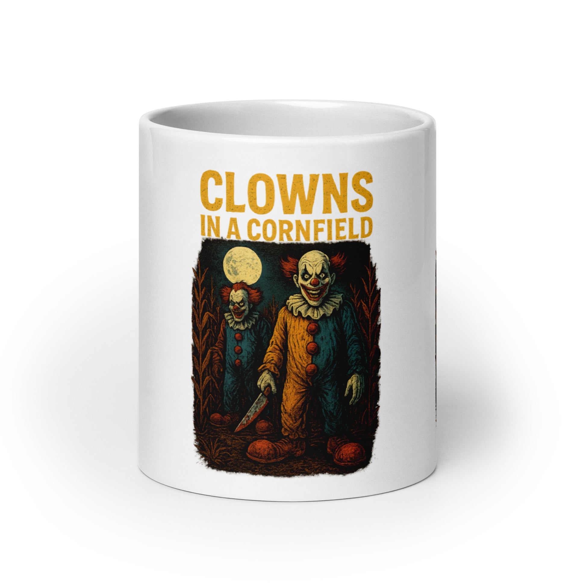 Clowns in a Cornfield White glossy mug  from Rare Plus Apparel – unique movie & pop culture inspired design.