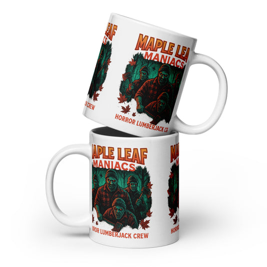 Maple Leaf Maniacs White glossy mug  from Rare Plus Apparel – unique movie & pop culture inspired design.