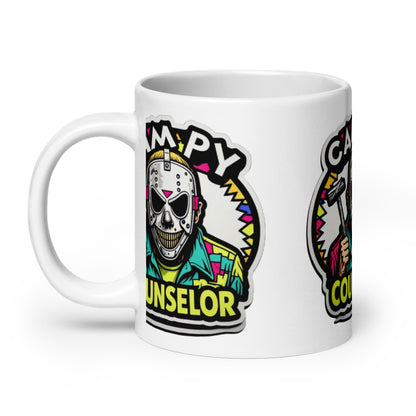 Campy Counselor White glossy mug  from Rare Plus Apparel – unique movie & pop culture inspired design.