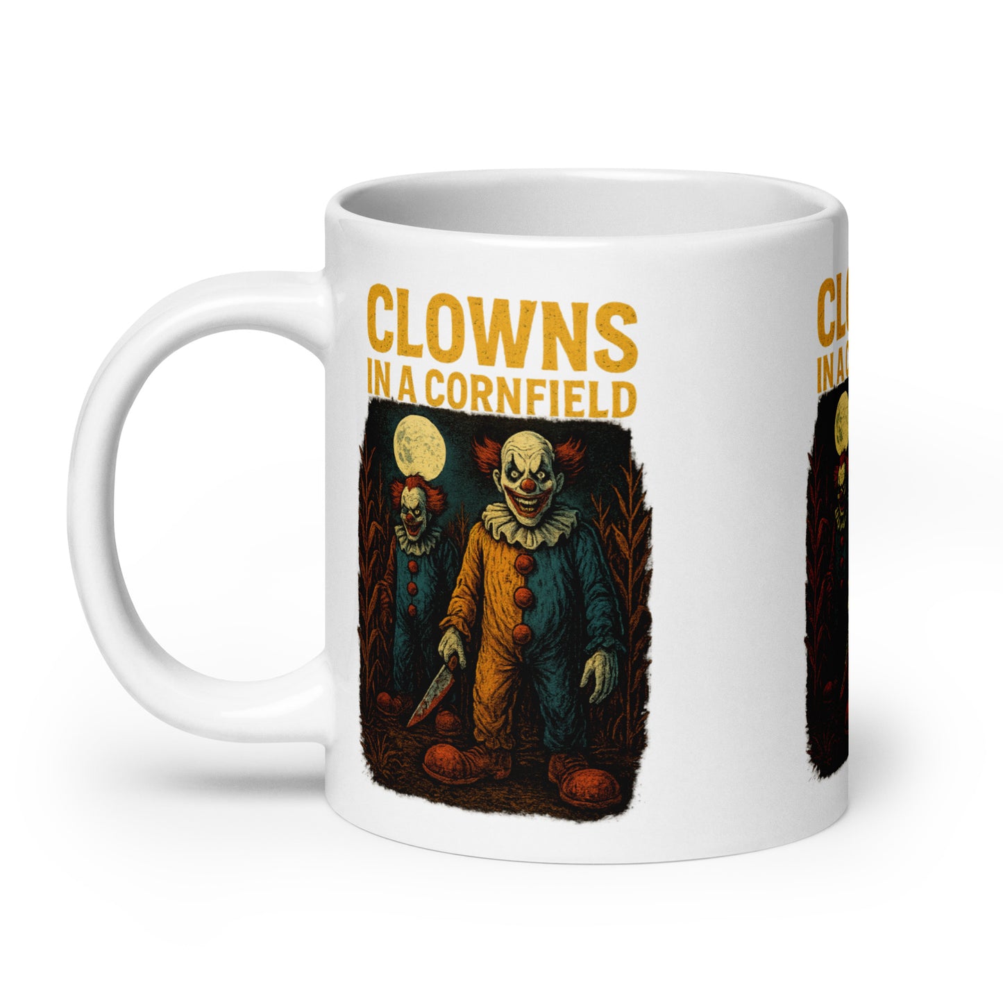 Clowns in a Cornfield White glossy mug  from Rare Plus Apparel – unique movie & pop culture inspired design.