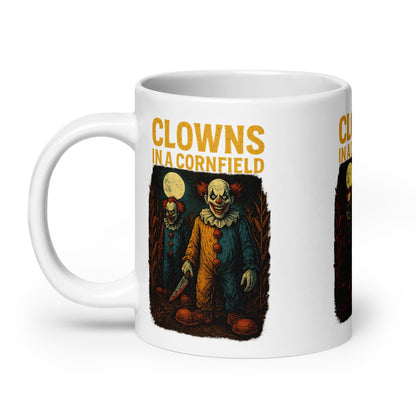 Clowns in a Cornfield White glossy mug  from Rare Plus Apparel – unique movie & pop culture inspired design.