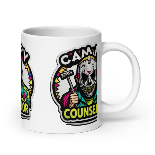 Campy Counselor White glossy mug  from Rare Plus Apparel – unique movie & pop culture inspired design.