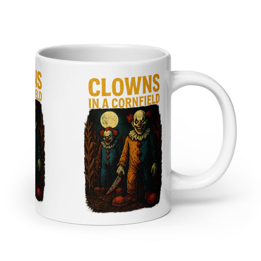 Clowns in a Cornfield White glossy mug  from Rare Plus Apparel – unique movie & pop culture inspired design.