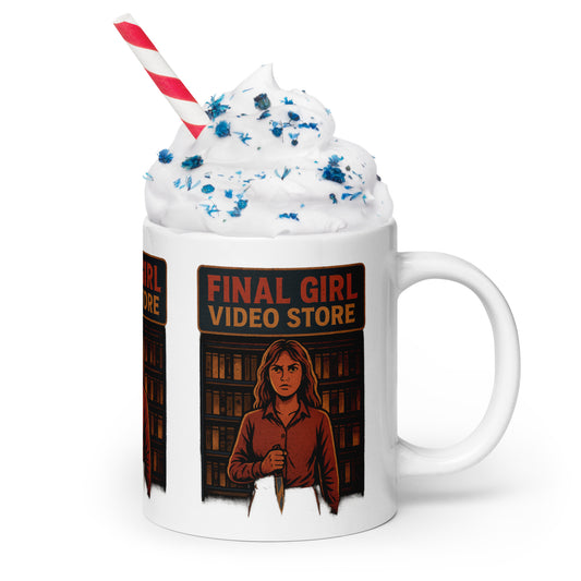 Final Girl Video Store White glossy mug  from Rare Plus Apparel – unique movie & pop culture inspired design.