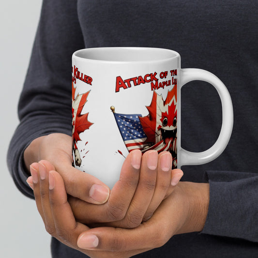 Maple Mayhem White glossy mug  from Rare Plus Apparel – unique movie & pop culture inspired design.