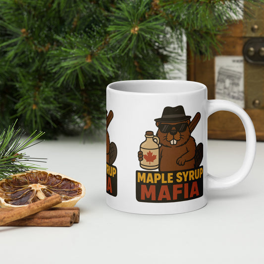 Maple Syrup Mafia White glossy mug  from Rare Plus Apparel – unique movie & pop culture inspired design.