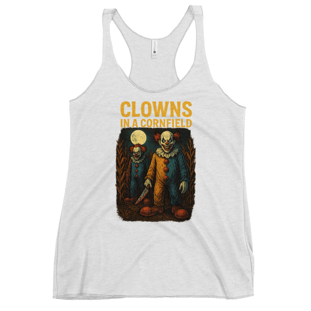 Clowns in a Cornfield Women's Racerback Tank  from Rare Plus Apparel – unique movie & pop culture inspired design.