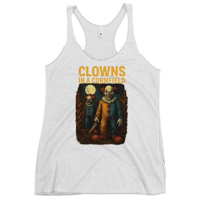 Clowns in a Cornfield Women's Racerback Tank  from Rare Plus Apparel – unique movie & pop culture inspired design.