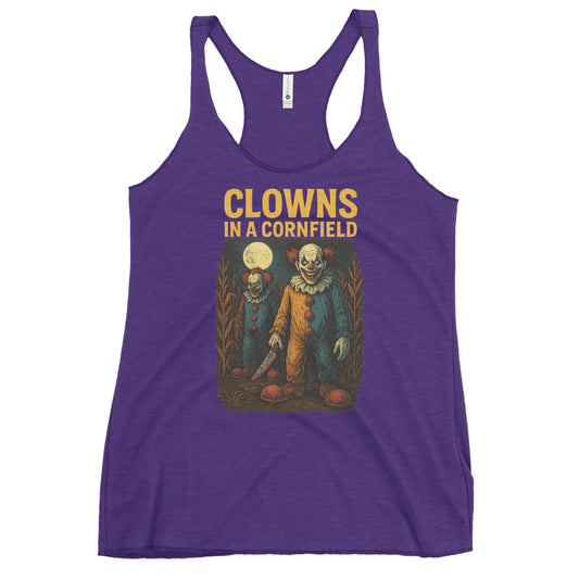 Clowns in a Cornfield Women's Racerback Tank  from Rare Plus Apparel – unique movie & pop culture inspired design.