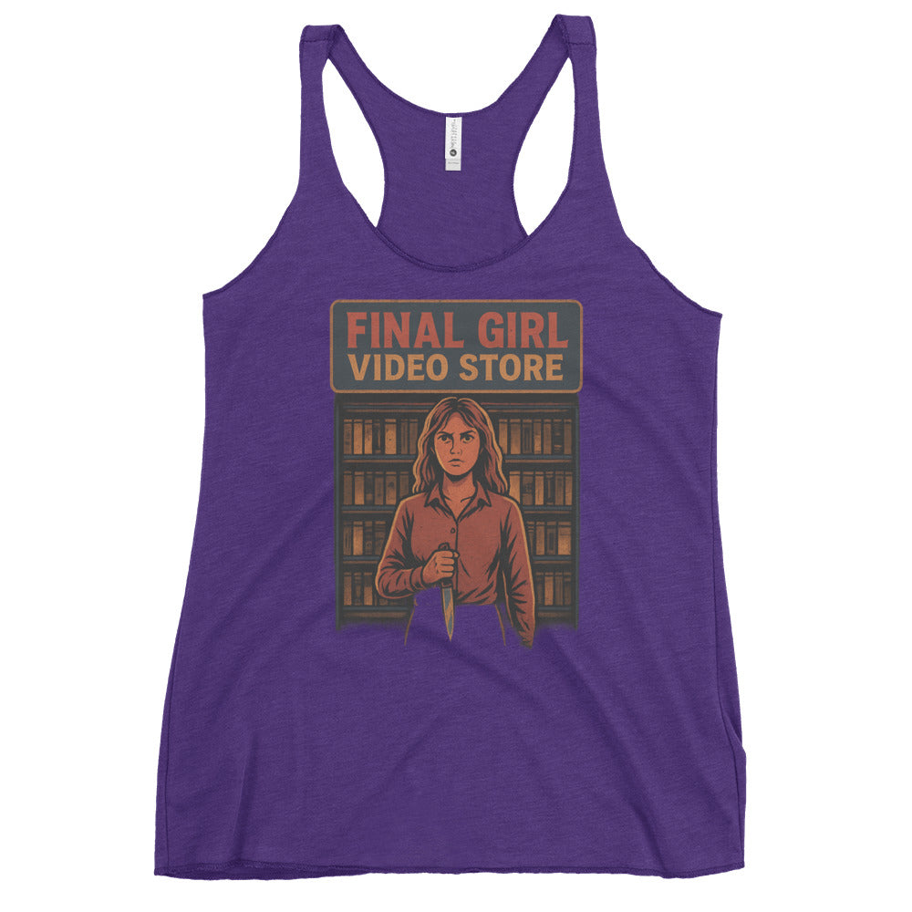 Final Girl Video Store Women's Racerback Tank  from Rare Plus Apparel – unique movie & pop culture inspired design.