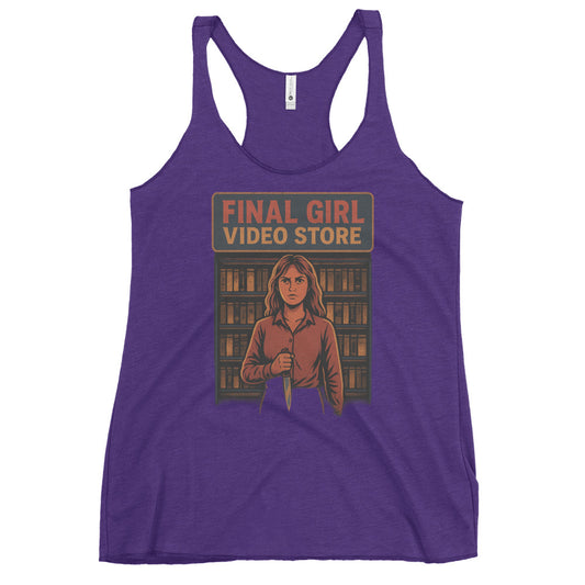 Final Girl Video Store Women's Racerback Tank  from Rare Plus Apparel – unique movie & pop culture inspired design.