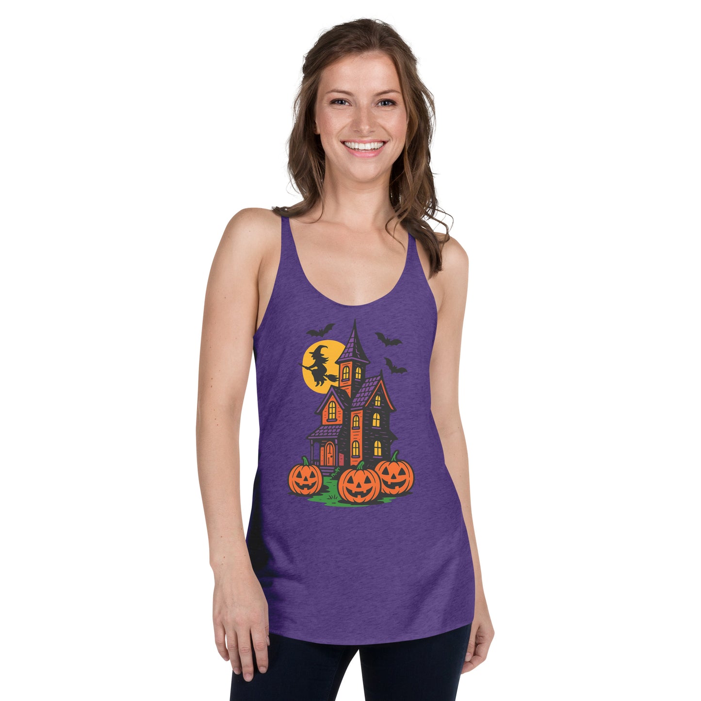 Haunted Halloween House Women's Racerback Tank  from Rare Plus Apparel – unique movie & pop culture inspired design.