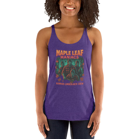 Maple Leaf Maniacs – Horror Lumberjack Crew Women's Racerback Tank  from Rare Plus Apparel – unique movie & pop culture inspired design.