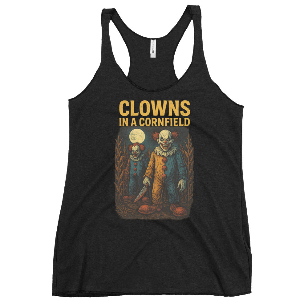 Clowns in a Cornfield Women's Racerback Tank  from Rare Plus Apparel – unique movie & pop culture inspired design.